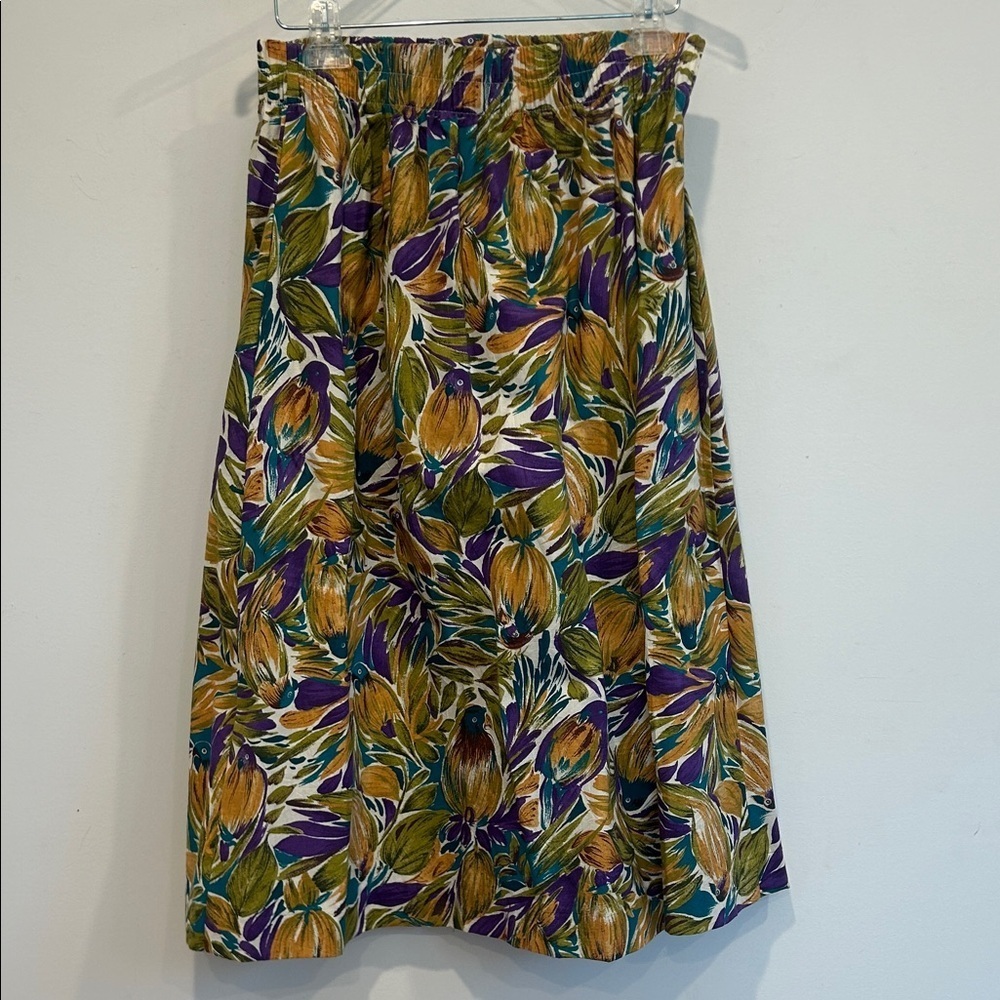 Vintage Anthro Bird Print Floral Midi Skirt Mustard, Purple Teal 11/12 women’s